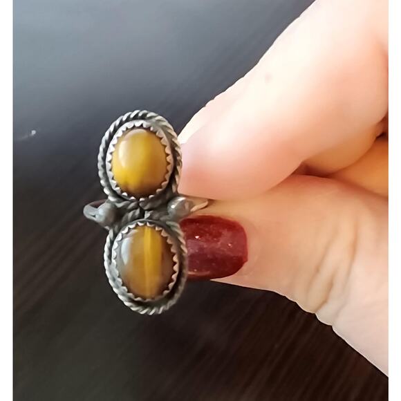 Vintage Native American Navajo Double Stone Tiger's Eye Sterling Silver Ring - Picture 1 of 4